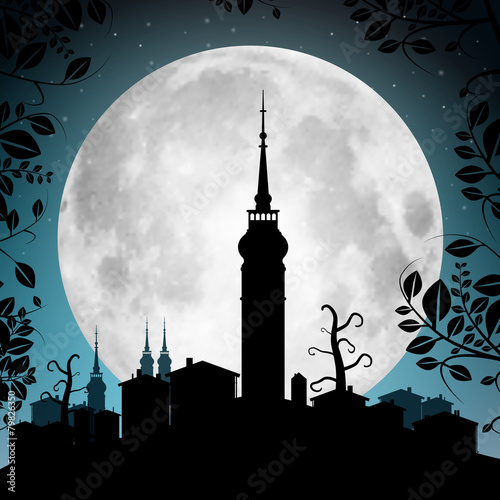 Full Moon Vector Illustration with Town Silhouette