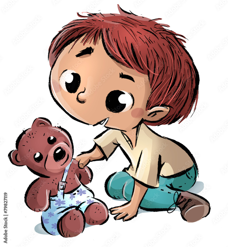 niño jugando con oso de peluche Stock Illustration | Adobe Stock