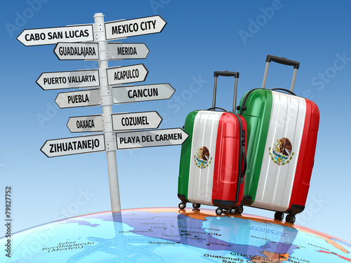 Travel concept. Suitcases and signpost what to visit in Mexico.