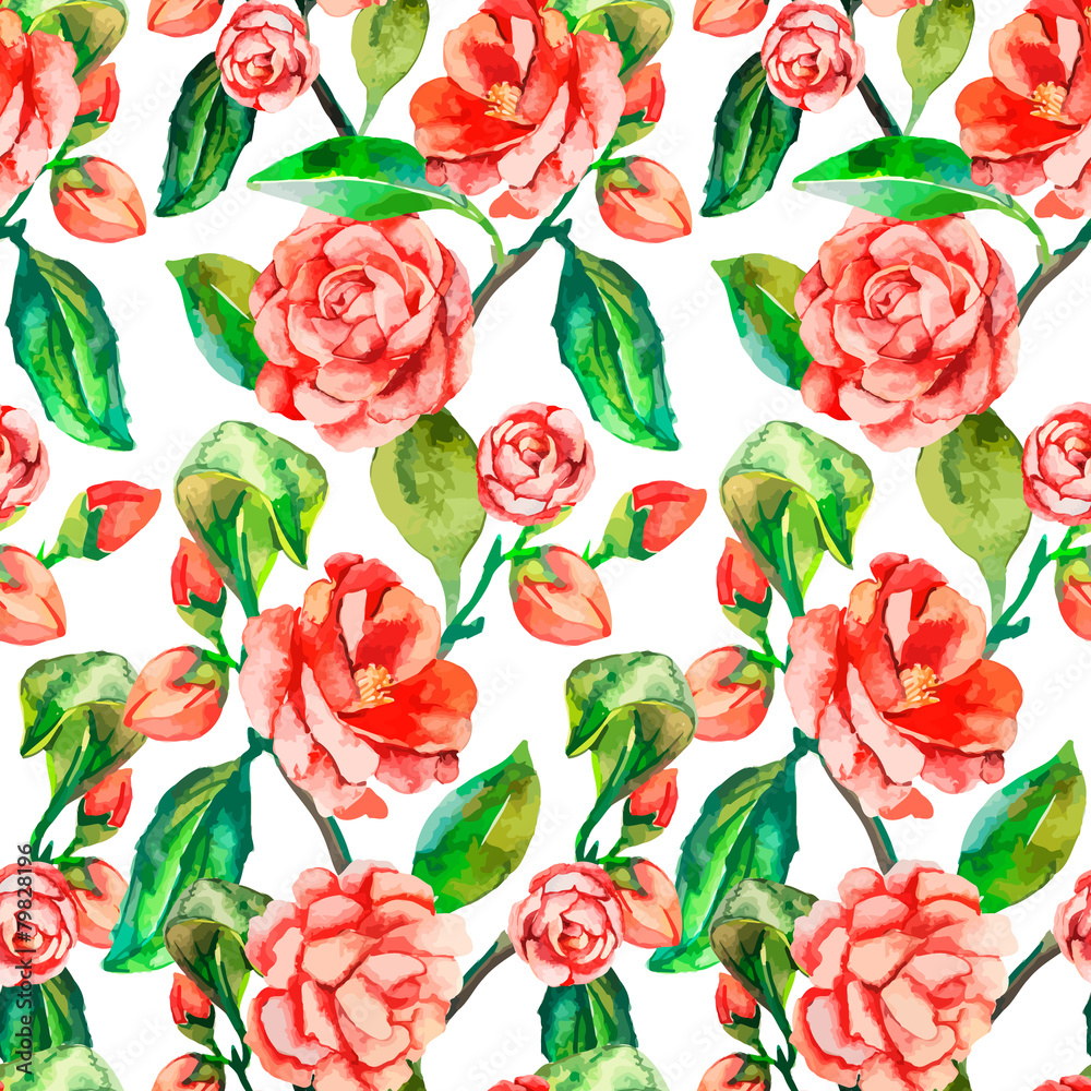 Camellia, Rose, Seamless floral pattern. Watercolor flower patte