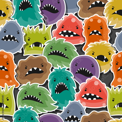 Seamless pattern with little angry viruses and monsters.