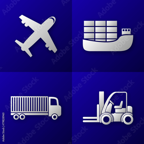 set of export import icons - plane, cargo ship, truck, forklift photo