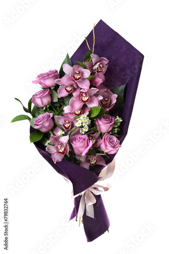 Fototapeta Naklejka Na Ścianę i Meble -  Bunch of flowers. Orchids and roses. Violet on a white backgroun