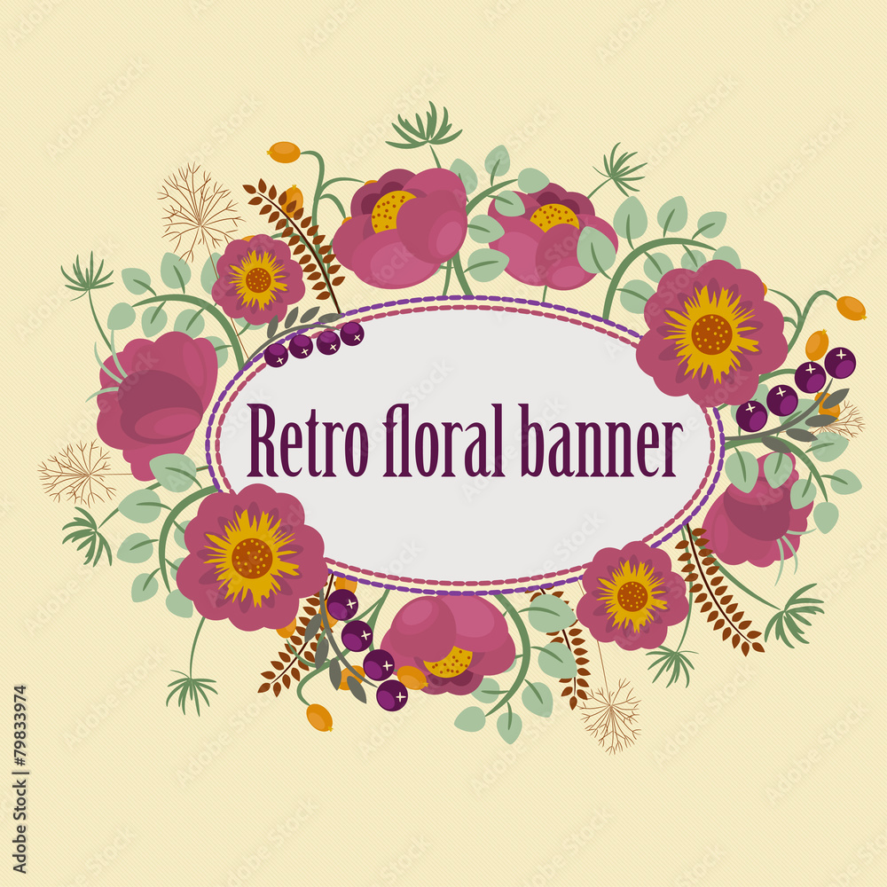 Retro banner with flowers, berries, leaves Retro banner with flowers, berries, leaves
