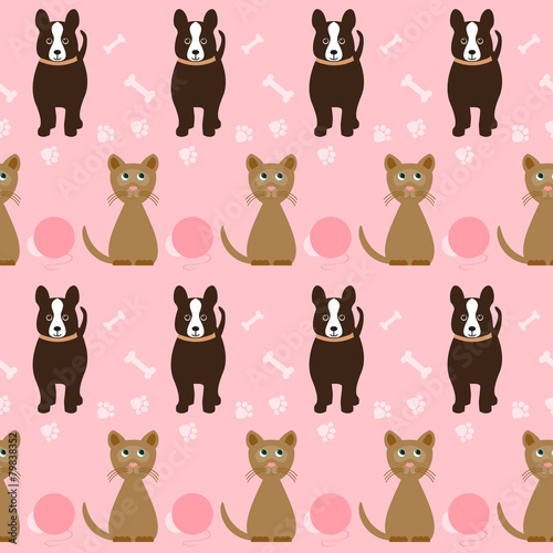 funny cartoon seamless dog and cat pattern on  pink  cover