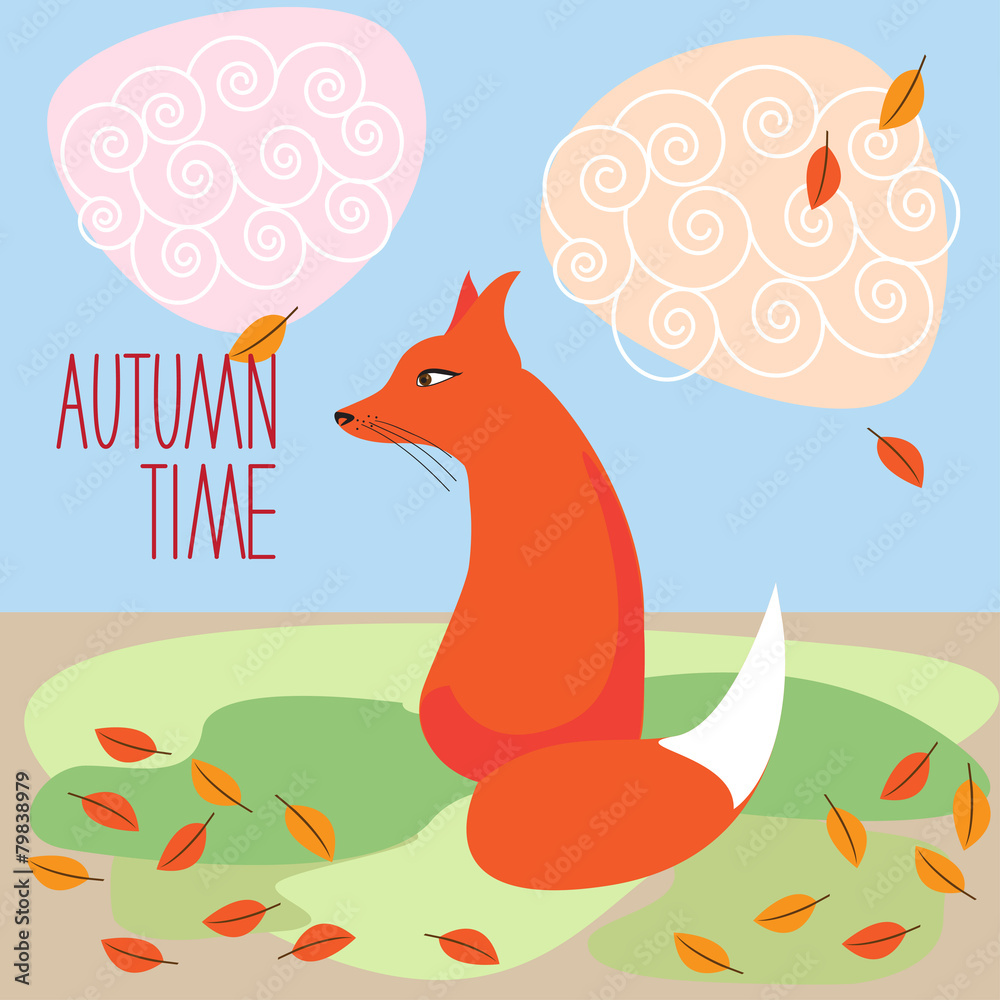 Plakat illustration with fox looking at the autumn leaf fall