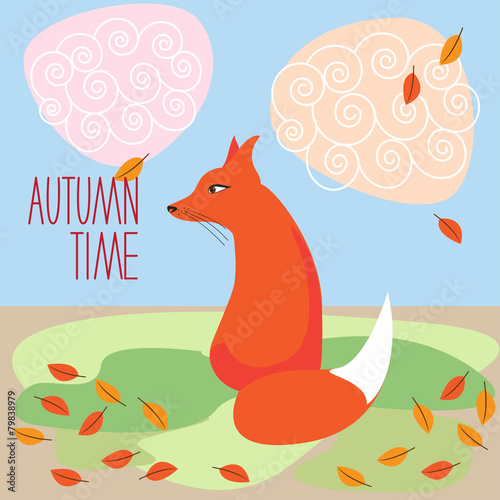 illustration with fox looking at the autumn leaf fall © vanillamilk