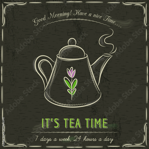 Brown blackboard with a cup of hot tea and text, vector