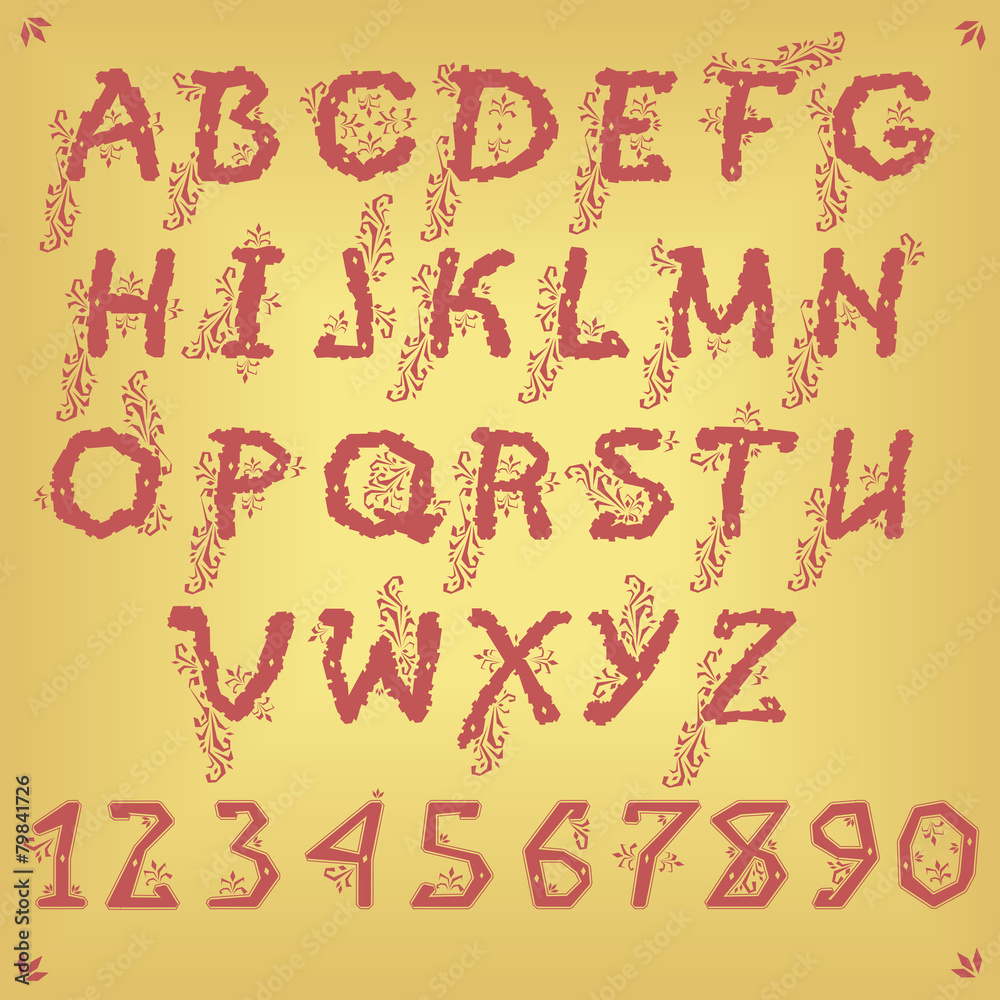 Ethnic Red Floral Alphabet. Vector
