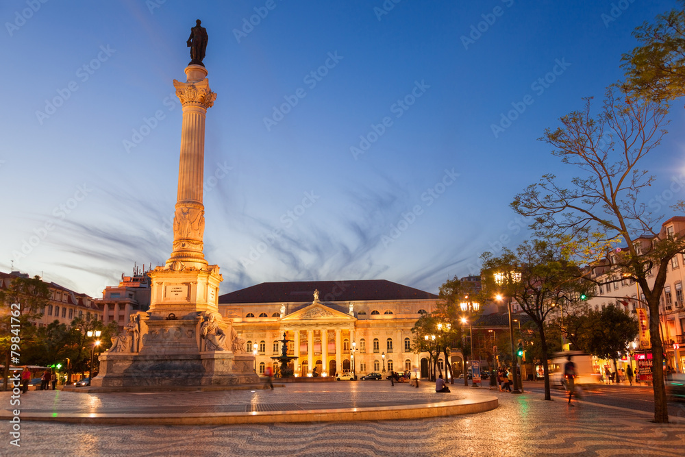 Dom Pedro IV square (also know as Rossio) at dusk, Lisbon