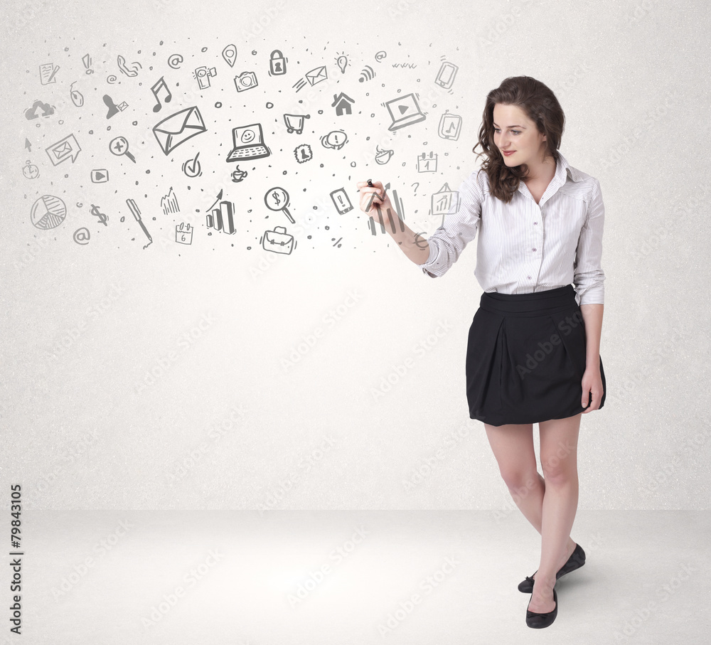 Young woman drawing and sketching icons and symbols Young woman drawing and sketching icons and symbols