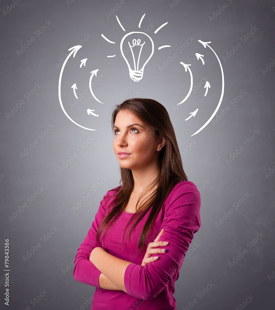 Pretty lady thinking with arrows and light bulb overhead Pretty lady thinking with arrows and light bulb overhead