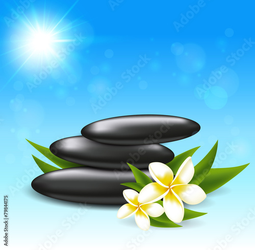 Tropical flowers and spa stones