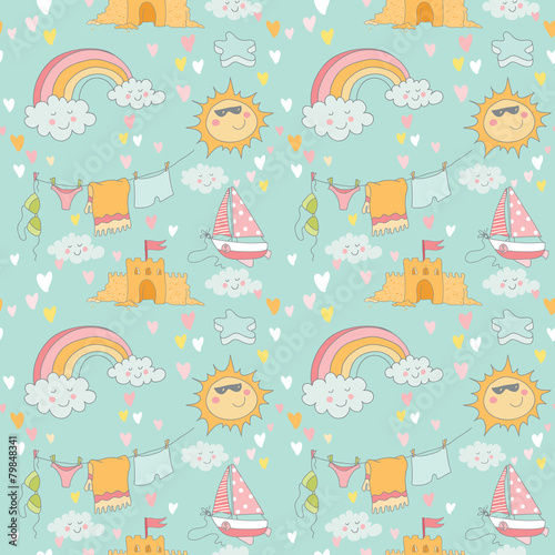 Seaside and Summer Background - Seamless Pattern - in vector
