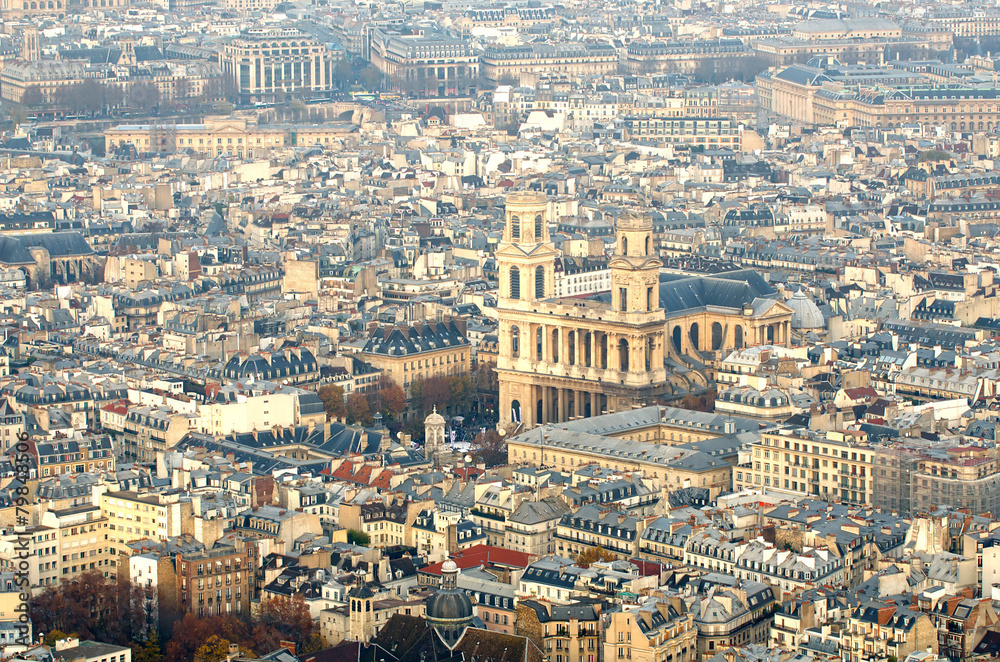 Aerial view of Paris (France) in the fog