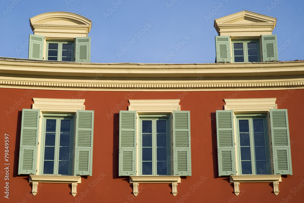 Nice, France. Windows on the facade of an historical house