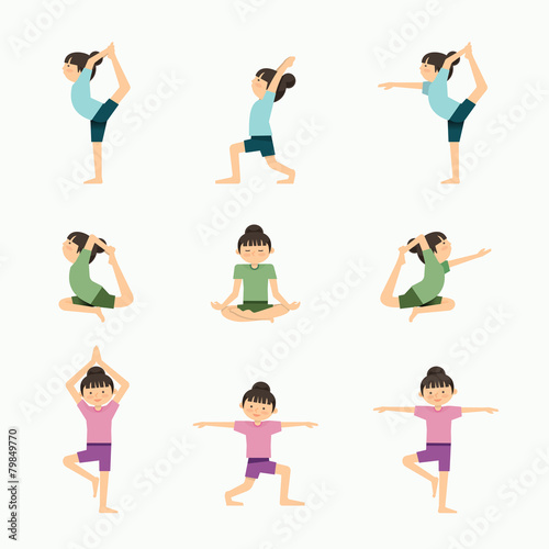 Vector yoga set illustration. girl yoga exercises. in lesson cla