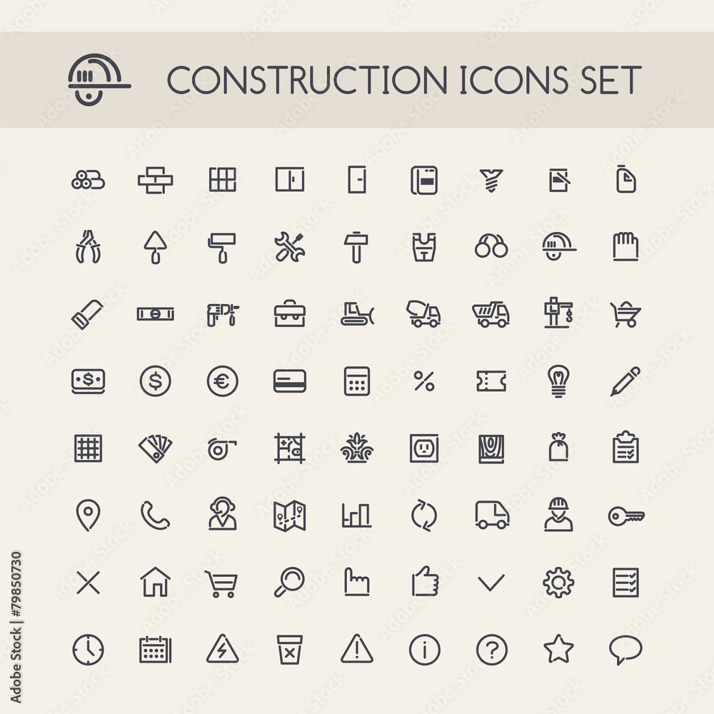 Set of Round Line Construction Icons - obrazy, fototapety, plakaty 