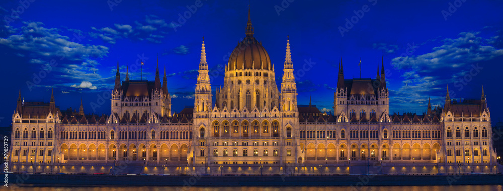 Panorama of Budapest Parliament building at night in Hungary