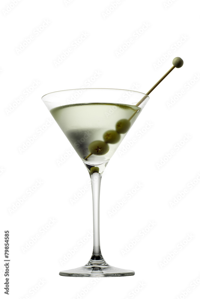 Martini glass with olive isolated  on white