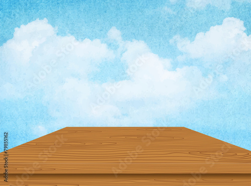 Wooden table with cloud and blue sky. Vector illustration