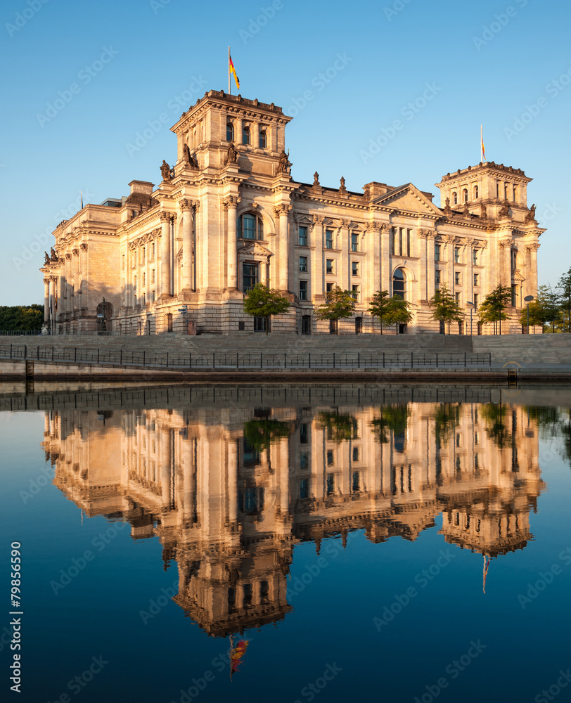 The Reichstag building reflected in the river