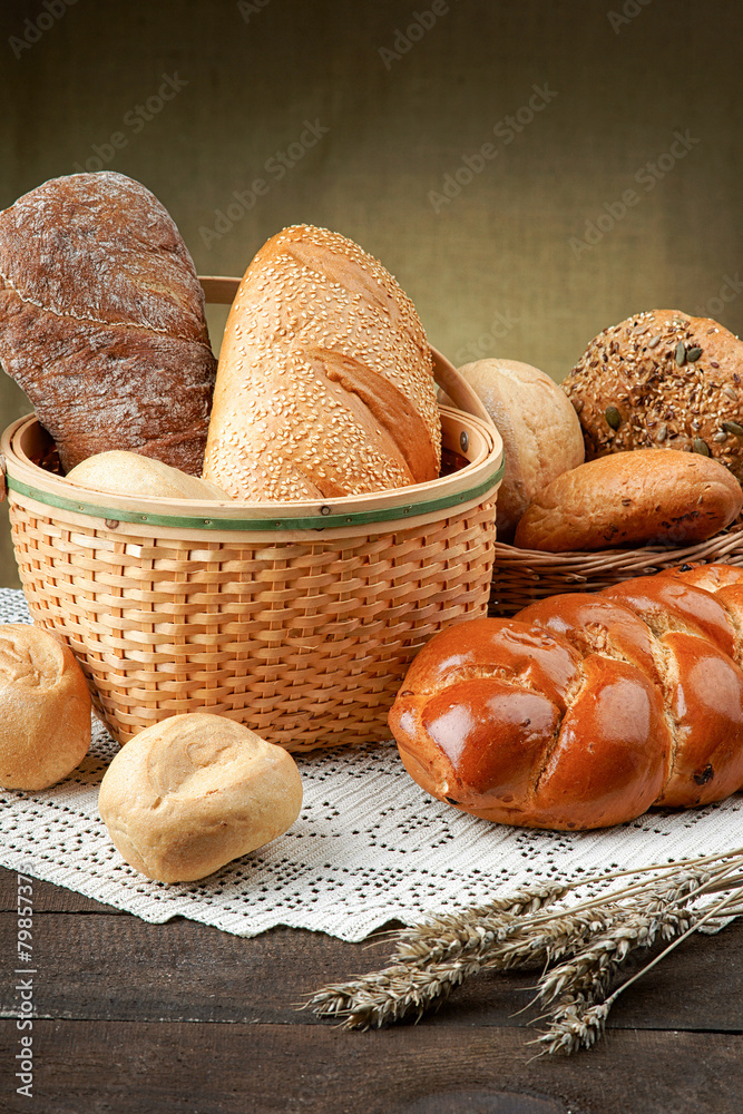Wicker basket with assortment of fresh baked bread