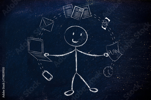 business man juggling with office objects, concept of productivi