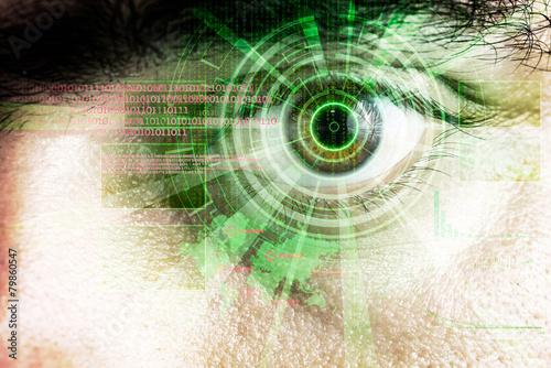 rendering of a futuristic cyber eye with laser light effect
