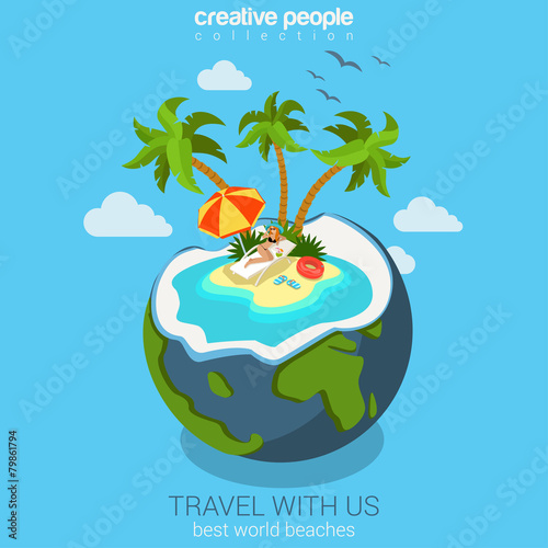 Travel flat isometric concept for beach island in the coconut
