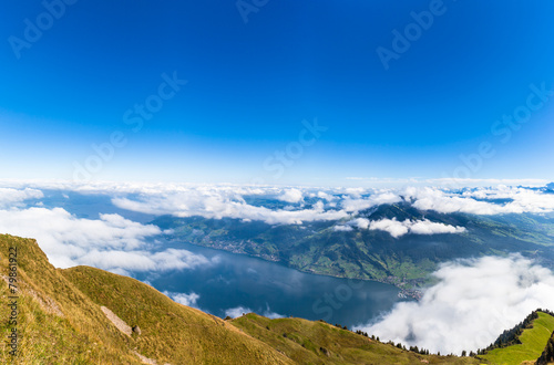 Aerial view of Lucerne lake and the Alps from top of Rigi mounta