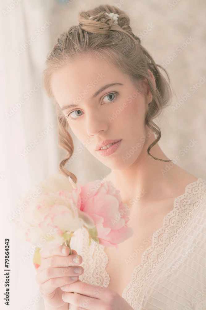Close up Gorgeous Lady Holding Bouquet of Flowers Close up Gorgeous Lady Holding Bouquet of Flowers