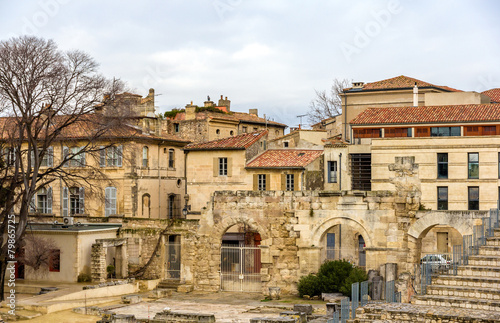 View of the old town of Arles from the Roman theatre - France