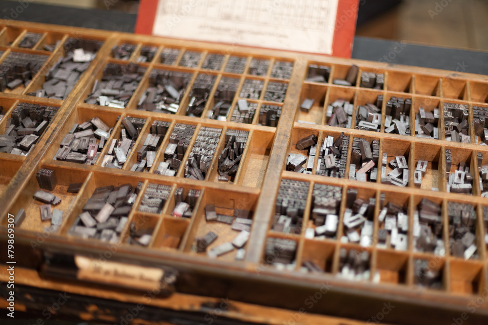 Metal letterpress letters in printing machine Metal letterpress letters in printing machine