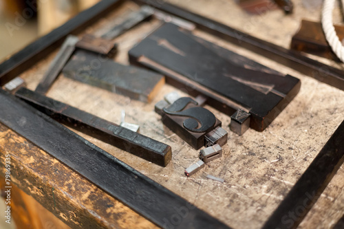 Close-up of metal letterpress letters in printing machine
