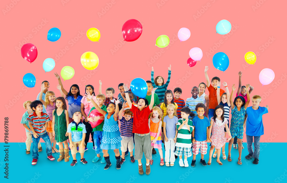 Multiethnic Children Smiling Happy Friendship Balloon Concept