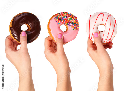 Donuts in hands collection, isolated on white background