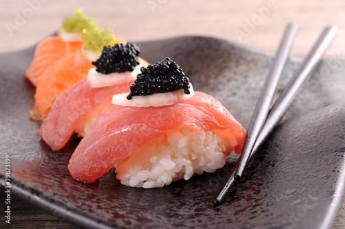Sushi : Tuna and salmon sushi set with chopsticks