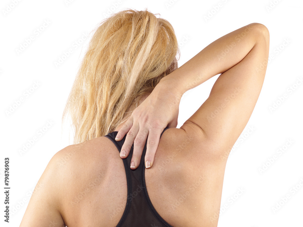 Fototapeta premium Woman holds a hand on pain neck.