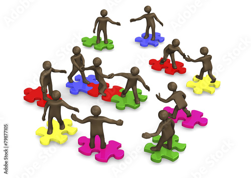 Bunte Puzzleteile, Teamwork, Comicfiguren, 3D Illustration