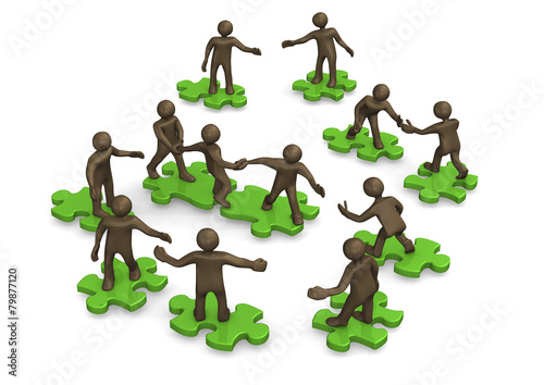 Grüne Puzzleteile, Teamwork, Comicfiguren, 3D Illustration