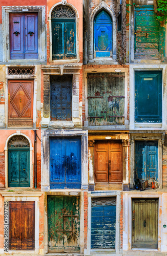Collage of colourful front doors to houses and homes, collection
