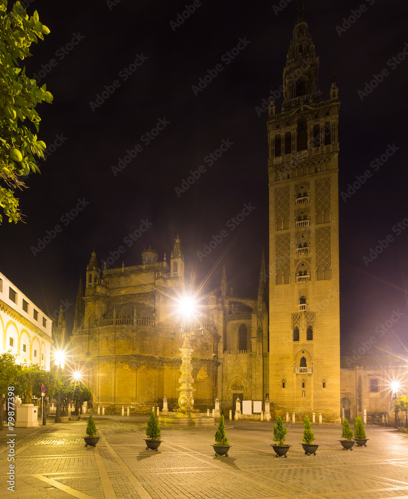 Night view of  Giralda tower. Seville, Spain