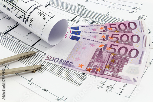 Architectural drawings (house) with euro banknotes and compass