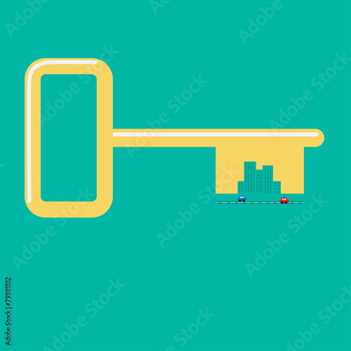Golden key from the city Road, car, skyscraper icon Flat Green 