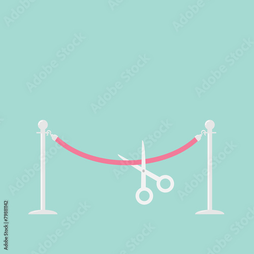 Scissors cutting pink rope silver barrier stanchions turnstile 