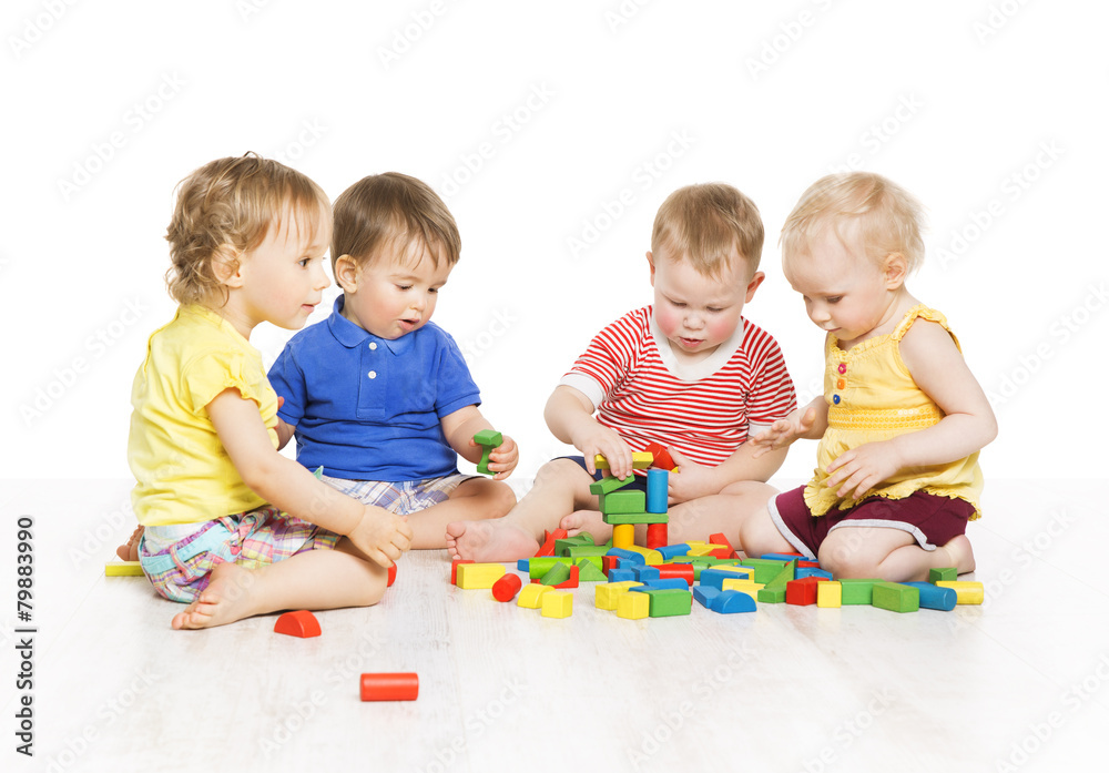 Children Group Playing Toy Blocks. Little Kids Early Development Children Group Playing Toy Blocks. Little Kids Early Development