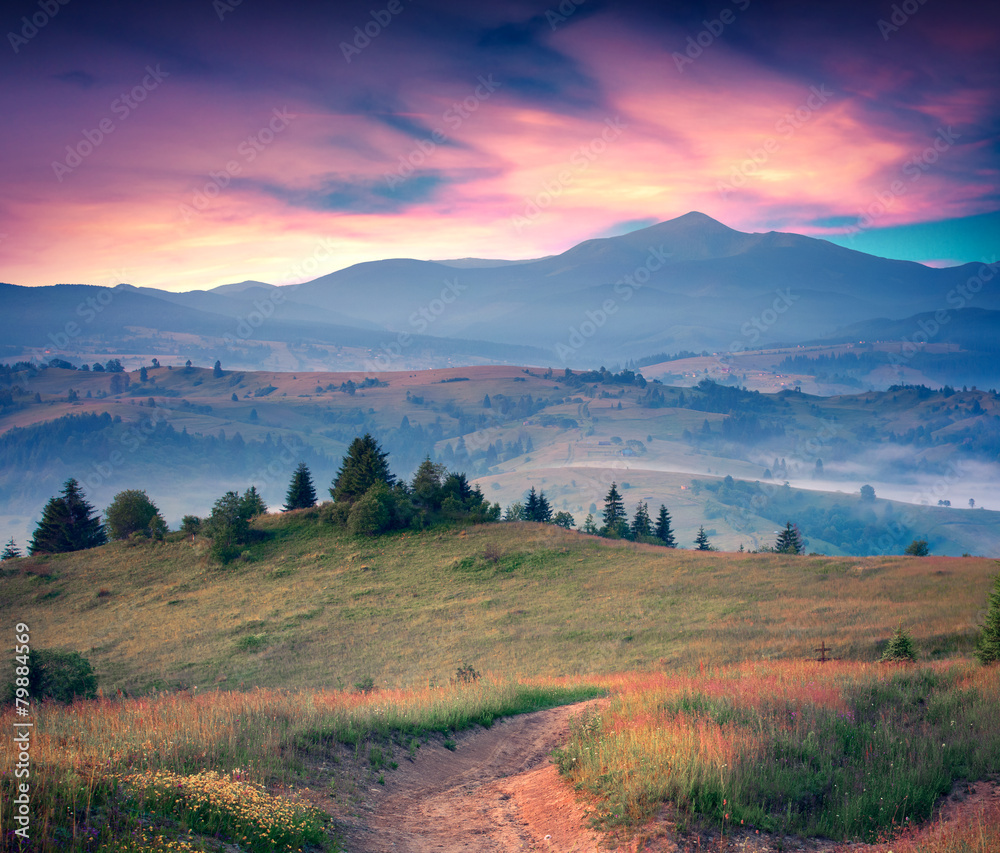 Colorful summer sunrise in the Carpathian mountains.