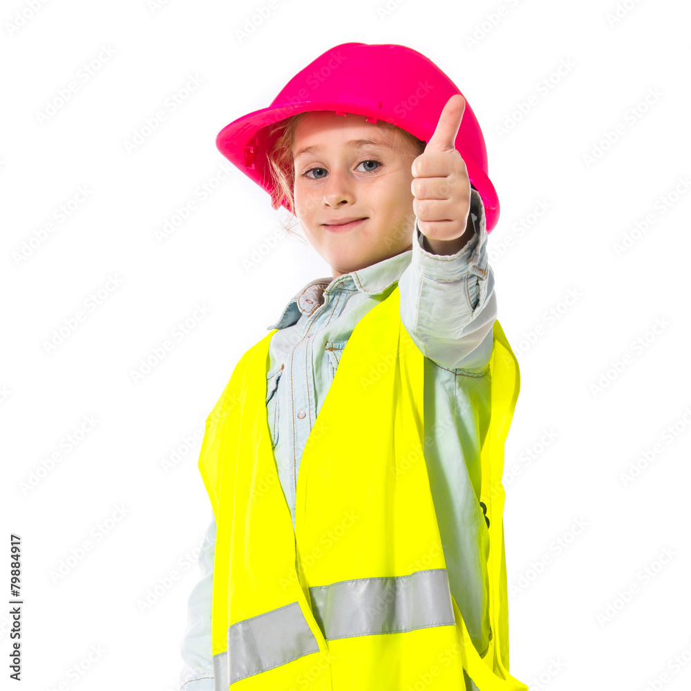 Blonde little girl dressed like workman Blonde little girl dressed like workman
