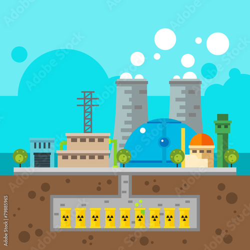 Nuclear plant and nuclear waste underground Flat design